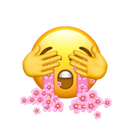 Yellow emoji face covering eyes with hands while crying pink flowers.