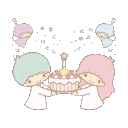 Kiki and Lala holding a birthday cake together with a happy expression.