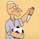 An elderly man holding a knife up in one hand and a soccer ball in the other.