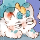 A fluffy white creature with blue spots giving a skeptical side-eye with a flushed cheek.
