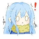Rimuru Tempest with blue hair and a yellow scarf looking shocked with blank eyes and a red exclamation mark.