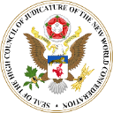 A circular seal featuring a bald eagle holding a shield and wheat, with the text High Council of Judicature of the New World…