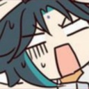 Xiao from Genshin Impact with a shocked and stressed expression in a chibi anime style.