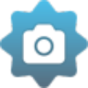 Camera icon centered on a blue badge shape.