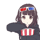 Anime girl wearing 3D glasses eats popcorn while watching something intently.