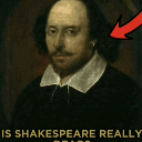 William Shakespeare portrait with a red arrow pointing at his head and text questioning if he is real.