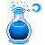 Blue potion in a glass flask with magical sparkles floating above it.