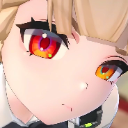Anime girl with large orange eyes staring intensely at the camera.