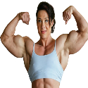 A muscular woman flexing her biceps in a gym pose.