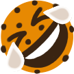 A chocolate chip cookie with a wide, mischievous grin and sweat drops on its face.