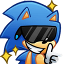 Sonic the Hedgehog wearing black sunglasses and giving a thumbs up with sparkles around him.