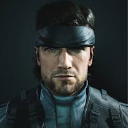 Solid Snake stares intensely with a bandana over his forehead in a dark, tactical portrait.