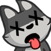 A cartoon wolf with X-shaped eyes and tongue hanging out, looking completely exhausted or defeated.