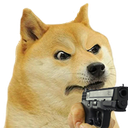 Shiba Inu dog with a stern expression holding a black handgun pointed forward.