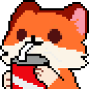 A cute orange pixel fox holding a red drink and sipping through a white straw.