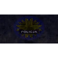 Polish Police emblem featuring a gold star-like badge on a dark blue circular background with the word POLICJA.