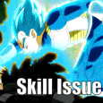 Vegeta from Dragon Ball Super attacking with blue energy while the text Skill Issue appears below.