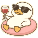 A white duck wearing black sunglasses lounging on a pink pool float while holding a glass of red wine.