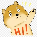 Shiba Inu puppy waving its paw with the text HI written on its chest.