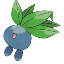 Oddish the Pokémon smiling happily with green leaves on its head.