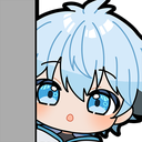 A cute chibi anime boy with blue hair peeking cautiously from behind a gray wall.