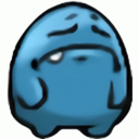 A blue blob character looking down with a sad, unimpressed expression.