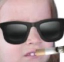Face wearing dark sunglasses and holding a cigar in the mouth.
