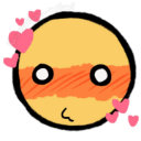 Yellow face with a wide orange blush and hollow eyes surrounded by floating pink hearts.