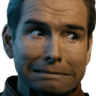 Homelander making a cringeworthy, awkward facial expression with his eyes looking to the side.