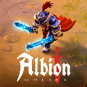 Warrior in blue armor holding two glowing blue swords standing above the Albion Online logo.