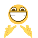 Yellow smiley face with a wide, toothy grin and wide eyes, holding its fingers together in a plotting gesture.