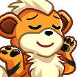 Growlithe character shrugging with eyes closed and paws raised.