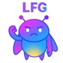 A neon purple and blue bug character with an angry expression and the text LFG above it.