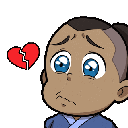 Sokka from Avatar with large teary blue eyes and a sad expression, accompanied by a broken heart icon.