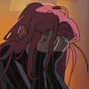 Anime character with long pink and brown hair covering their face with both hands in embarrassment.