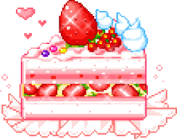 Strawberry cake slice with a large strawberry on top and floating hearts in a pixel art style.