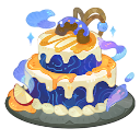 A two-tiered cake with blue galaxy frosting and golden drizzle on a dark plate.