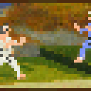 Two pixelated figures in a combat stance facing each other.