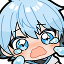 Anime boy with blue hair crying uncontrollably with large tears streaming down his face.