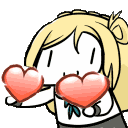 Anime girl with blonde hair happily throwing red hearts into the air.