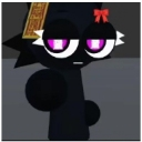 Character with a black silhouette and glowing purple eyes giving a deadpan, unimpressed stare.
