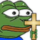 Pepe the Frog holding a wooden cross with a serious expression.
