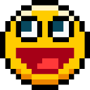 A yellow pixelated smiley face with wide, upward-looking eyes and a massive, toothy grin.