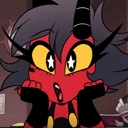 Millie from Helluva Boss with wide eyes containing stars and a stunned, happy expression.
