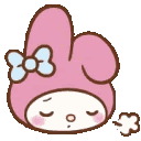 My Melody with a blue bow looking annoyed and blowing a small puff of air.