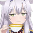 Fibel with a smug expression slowly sipping from a teacup.