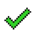 A bright green pixelated checkmark on a black background.