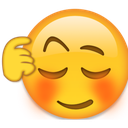 Yellow emoji face with closed eyes, a slight smirk, and a hand touching its forehead in a smooth, confident gesture.