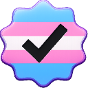 A stylized badge with the transgender flag colors featuring a black checkmark in the center.