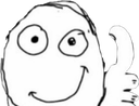 A crudely drawn white face with large eyes and a wide smile giving a thumbs up gesture.